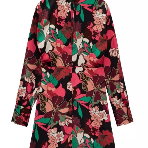 ZARA short floral dress with long sleeves and satin effect size L NWT - Picture 2 of 13